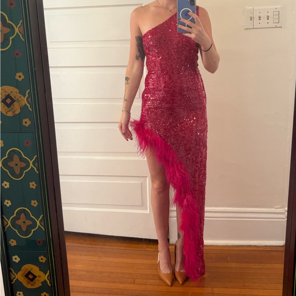 BNWT Lapointe sequin feather one shoulder midi dress size 0 in ultra pink - Picture 6 of 15